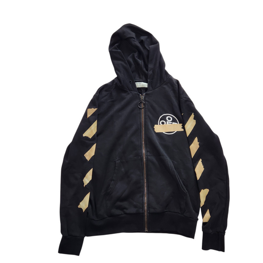 Black hoodie with gold accents and a logo on a white background