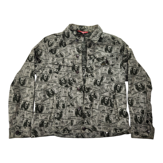 Jacket with dollar bill pattern on a white background