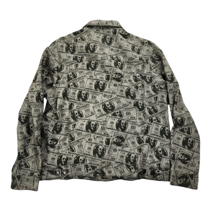 Patterned shirt with dollar bill design on a white background